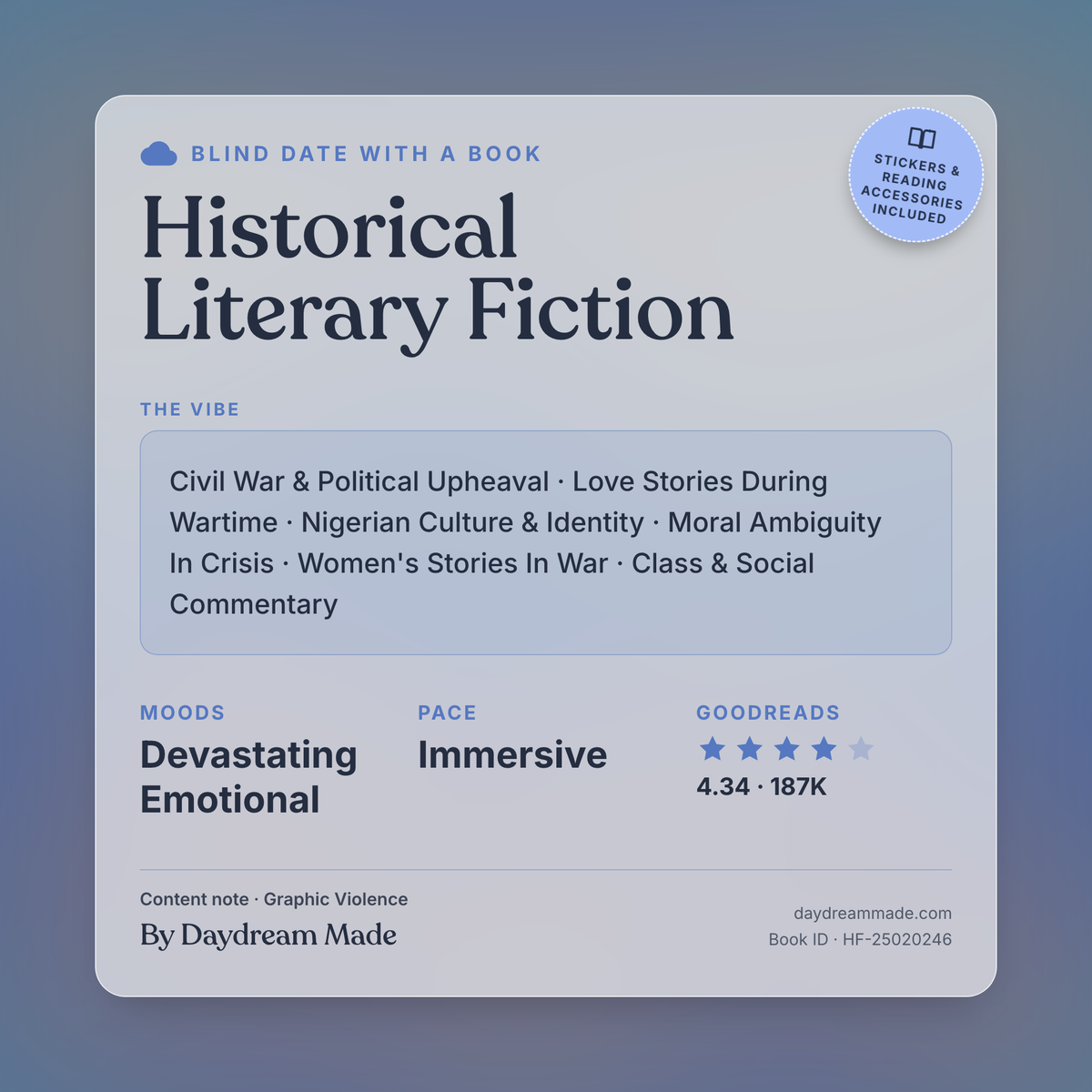 Blind Date With A Book that includes the following themes: Historical Literary Fiction, Civil War & Political Upheaval, Love Stories During Wartime, Nigerian Culture & Identity, Moral Ambiguity In Crisis, Women's Stories In War, Class & Social Commentary