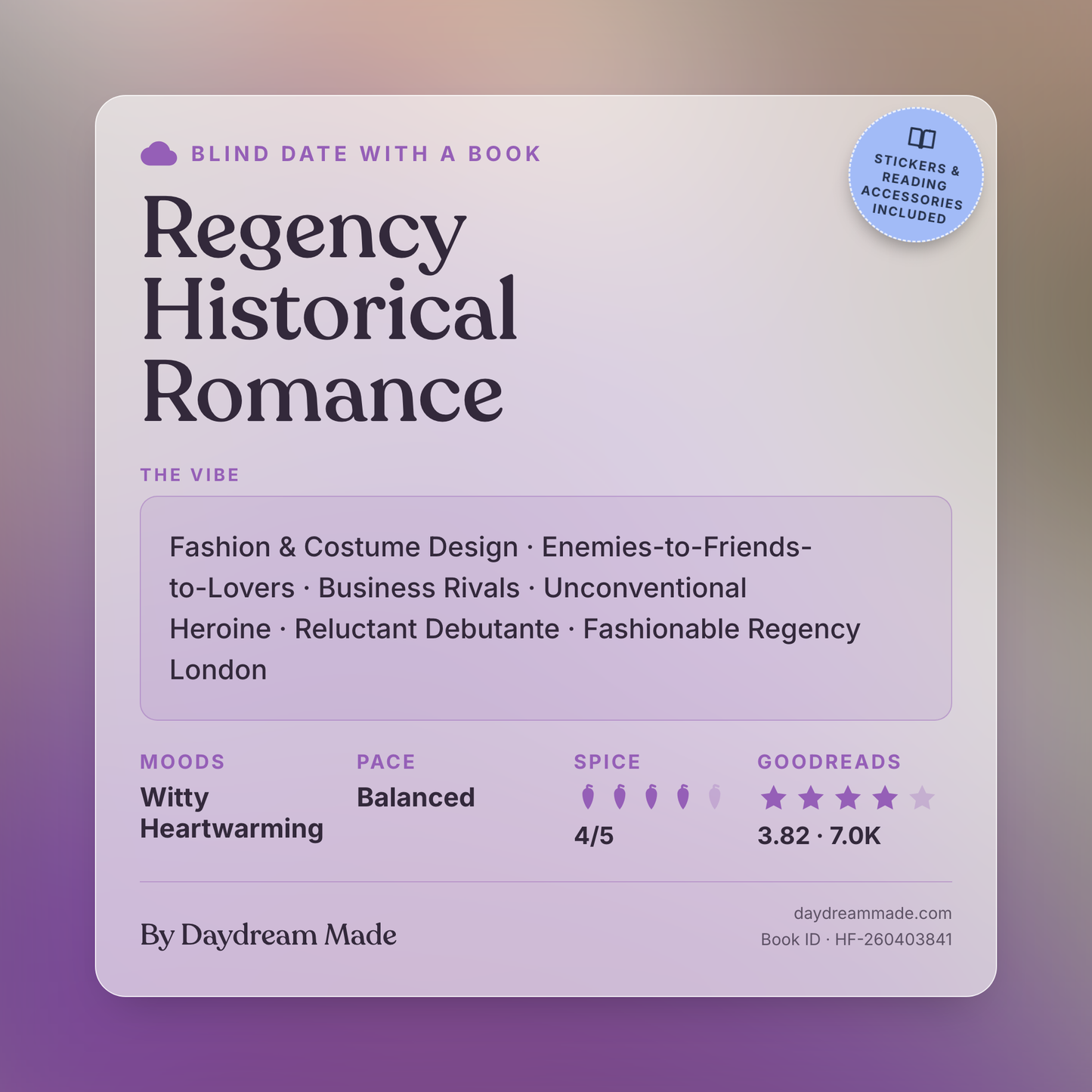 Blind Date With A Book that includes the following themes: Regency Historical Romance, Fashion & Costume Design, Enemies-to-Friends-to-Lovers, Business Rivals, Unconventional Heroine, Reluctant Debutante, Fashionable Regency London