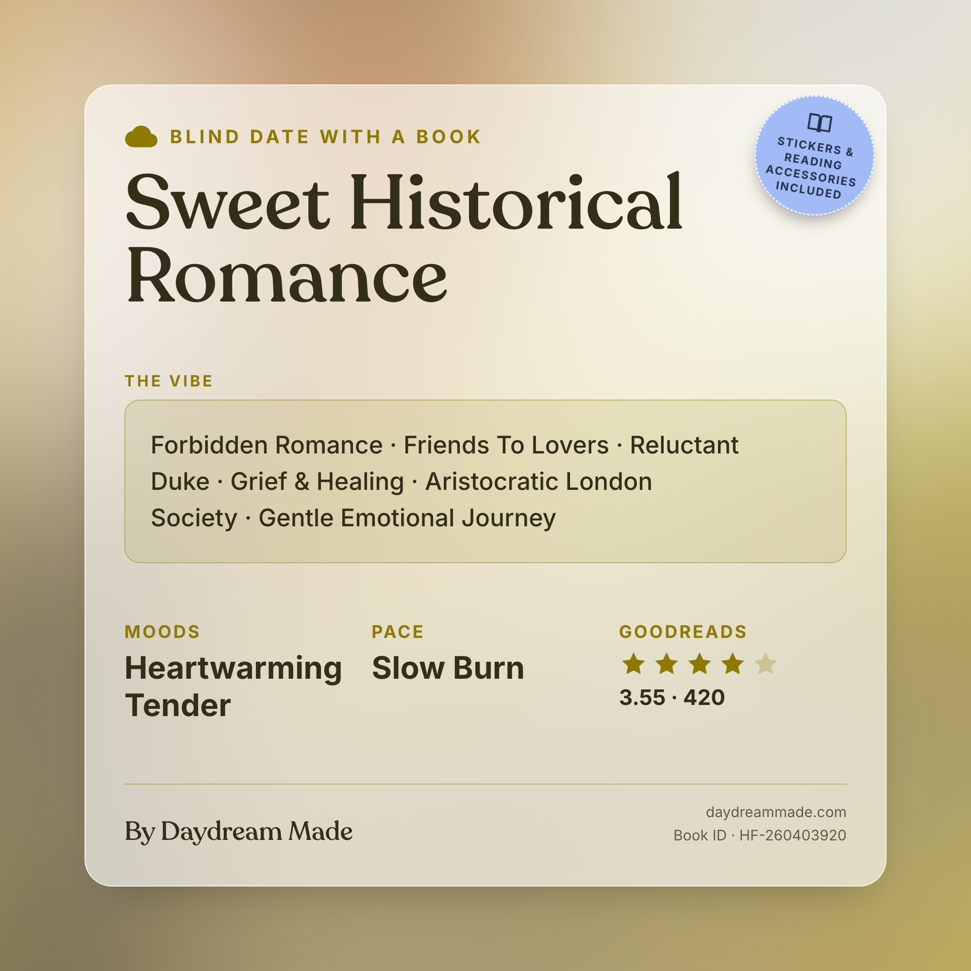Blind Date With A Book that includes the following themes: Sweet Historical Romance, Forbidden Romance, Friends To Lovers, Reluctant Duke, Grief & Healing, Aristocratic London Society, Gentle Emotional Journey