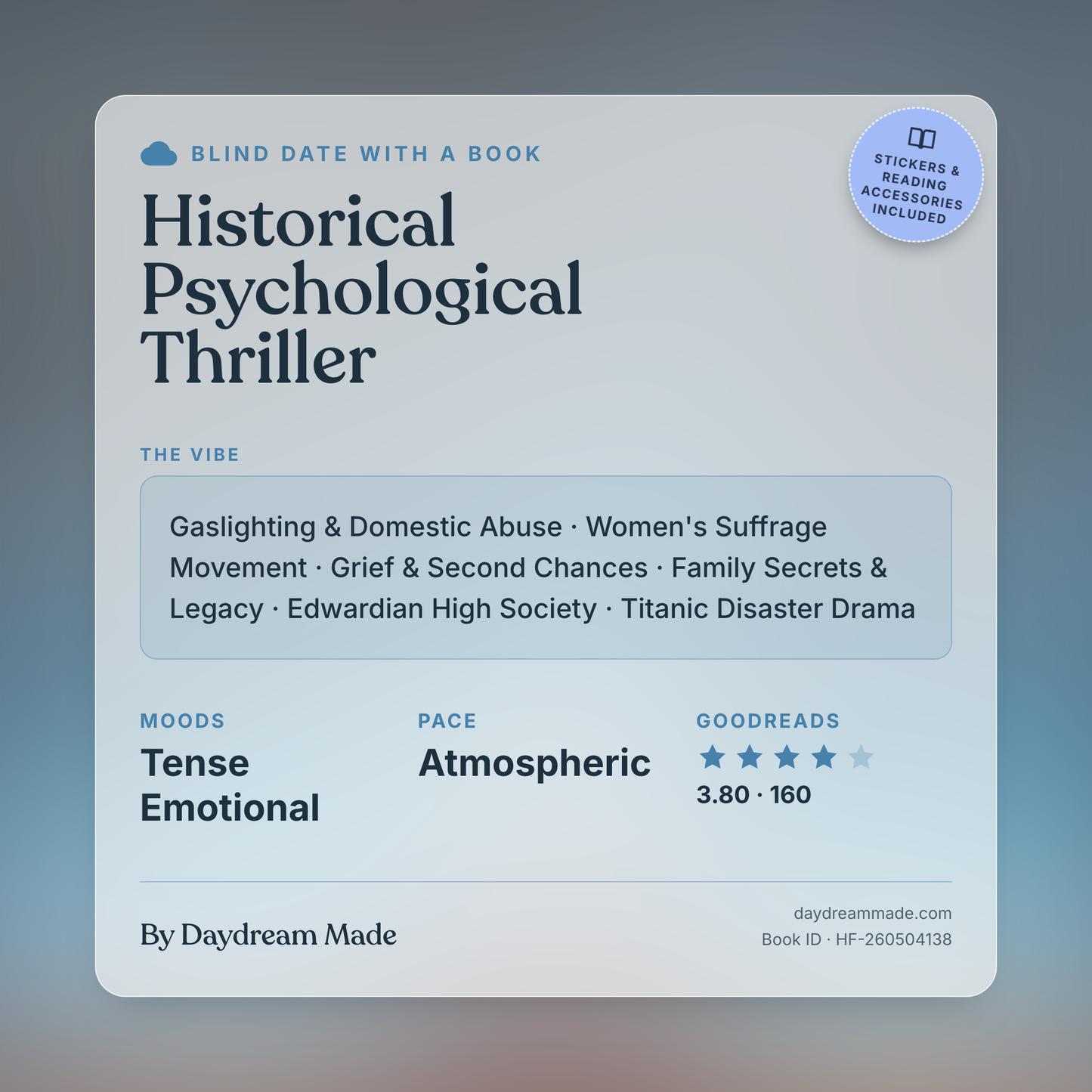 Blind Date With A Book that includes the following themes: Historical Psychological Thriller, Gaslighting & Domestic Abuse, Women's Suffrage Movement, Grief & Second Chances, Family Secrets & Legacy, Edwardian High Society, Titanic Disaster Drama