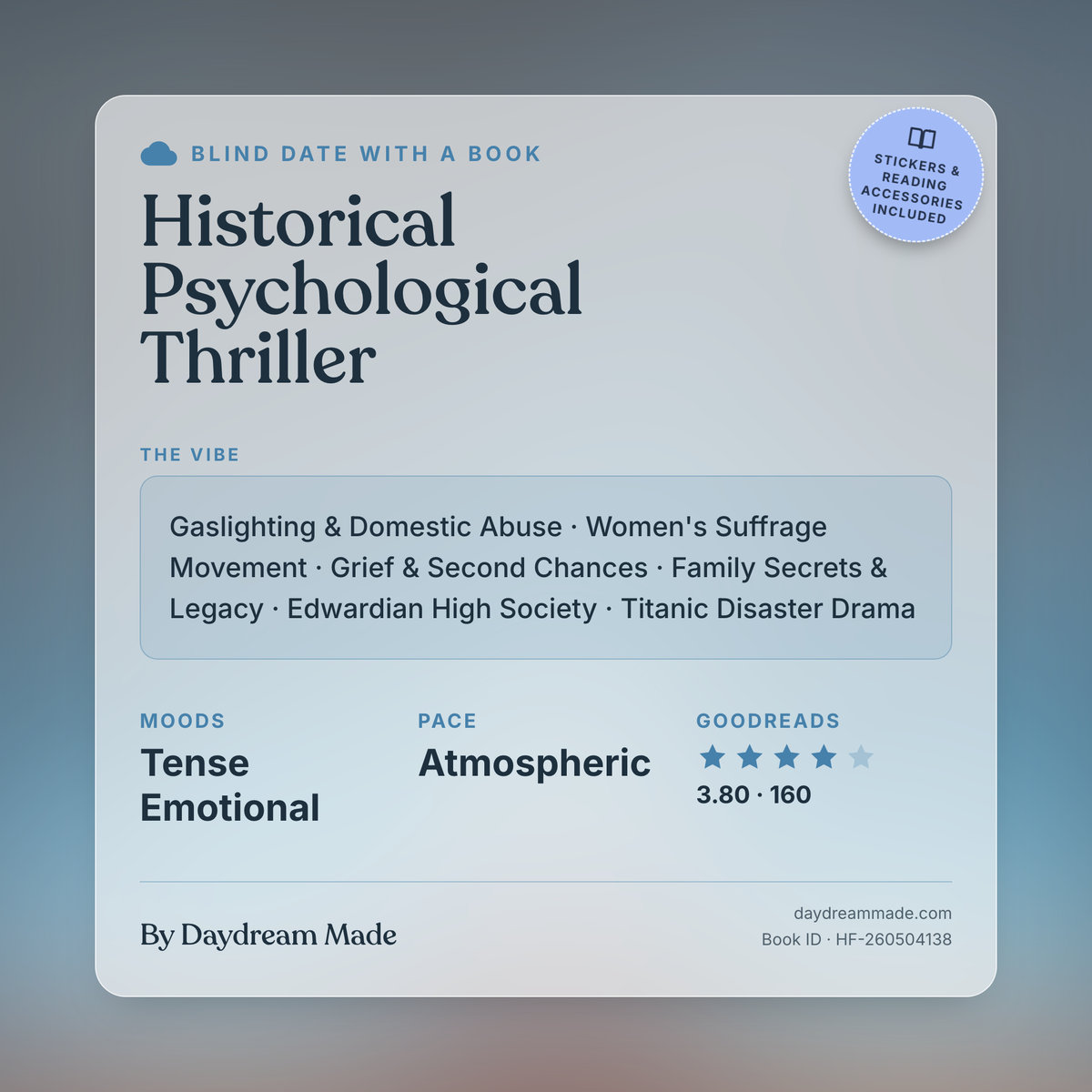 Blind Date With A Book that includes the following themes: Historical Psychological Thriller, Gaslighting & Domestic Abuse, Women's Suffrage Movement, Grief & Second Chances, Family Secrets & Legacy, Edwardian High Society, Titanic Disaster Drama