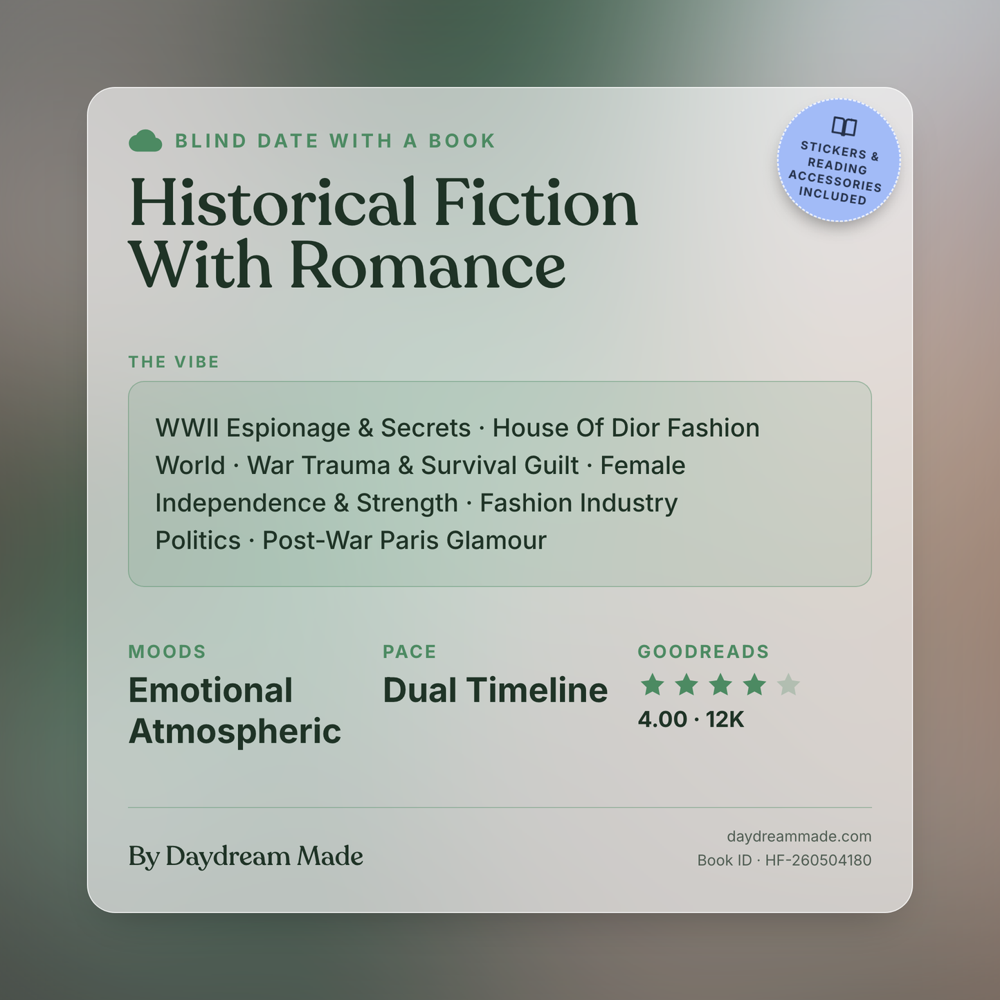 Blind Date With A Book that includes the following themes: Historical Fiction With Romance, WWII Espionage & Secrets, House Of Dior Fashion World, War Trauma & Survival Guilt, Female Independence & Strength, Fashion Industry Politics, Post-War Paris Glamour