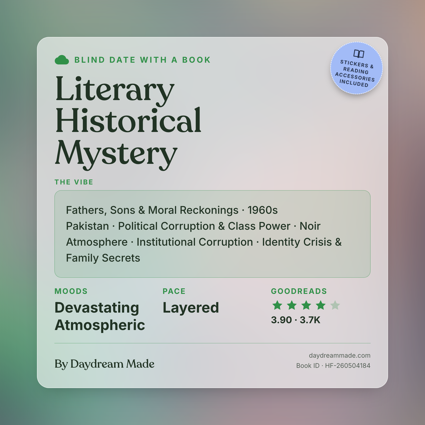 Blind Date With A Book that includes the following themes: Literary Historical Mystery, Fathers, Sons & Moral Reckonings, 1960s Pakistan, Political Corruption & Class Power, Noir Atmosphere, Institutional Corruption, Identity Crisis & Family Secrets