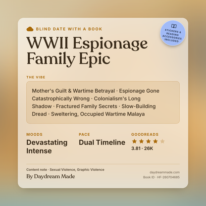 Blind Date With A Book that includes the following themes: WWII Espionage Family Epic, Mother's Guilt & Wartime Betrayal, Espionage Gone Catastrophically Wrong, Colonialism's Long Shadow, Fractured Family Secrets, Slow-Building Dread, Sweltering, Occupied Wartime Malaya