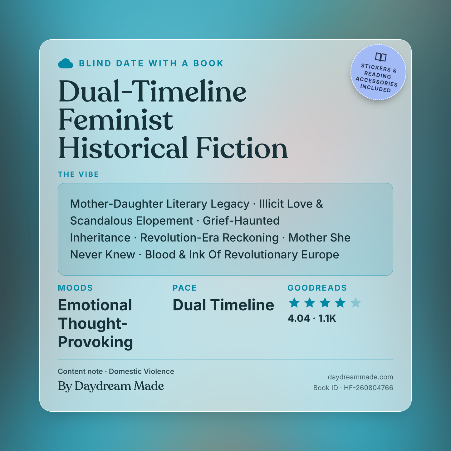 Blind Date With A Book that includes the following themes: Dual-Timeline Feminist Historical Fiction, Mother-Daughter Literary Legacy, Illicit Love & Scandalous Elopement, Grief-Haunted Inheritance, Revolution-Era Reckoning, Mother She Never Knew, Blood & Ink Of Revolutionary Europe