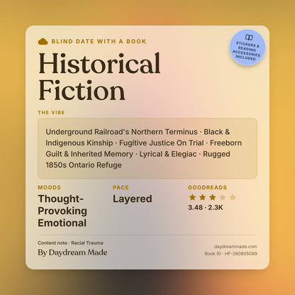 Blind Date With A Book that includes the following themes: Historical Fiction, Underground Railroad's Northern Terminus, Black & Indigenous Kinship, Fugitive Justice On Trial, Freeborn Guilt & Inherited Memory, Lyrical & Elegiac, Rugged 1850s Ontario Refuge