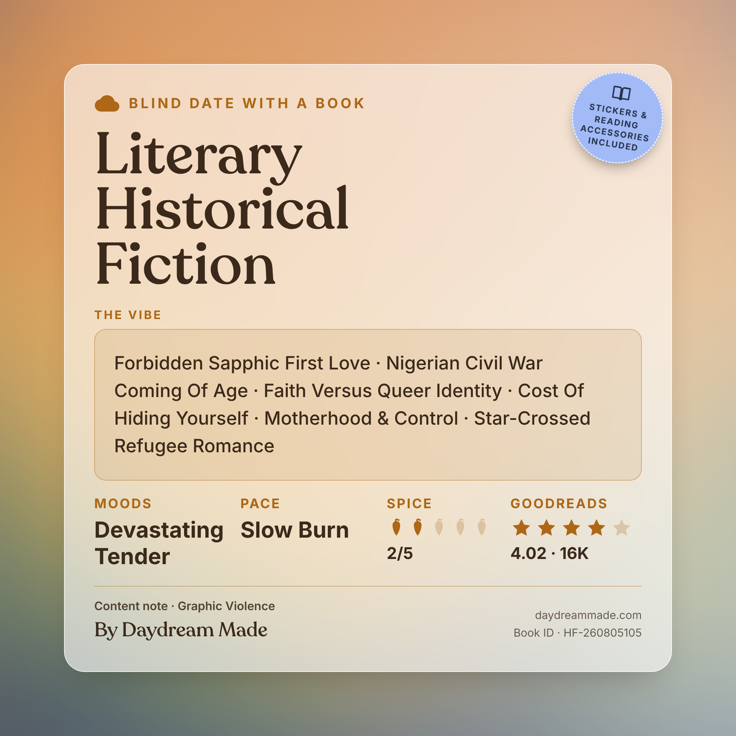 Blind Date With A Book that includes the following themes: Literary Historical Fiction, Forbidden Sapphic First Love, Nigerian Civil War Coming Of Age, Faith Versus Queer Identity, Cost Of Hiding Yourself, Motherhood & Control, Star-Crossed Refugee Romance