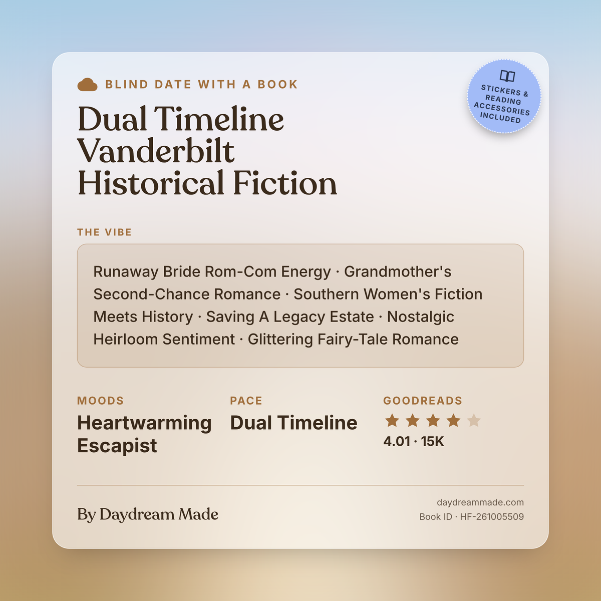 Blind Date With A Book that includes the following themes: Dual Timeline Vanderbilt Historical Fiction, Runaway Bride Rom-Com Energy, Grandmother's Second-Chance Romance, Southern Women's Fiction Meets History, Saving A Legacy Estate, Nostalgic Heirloom Sentiment, Glittering Fairy-Tale Romance