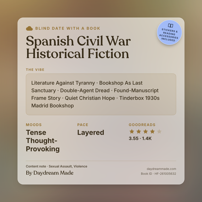 Blind Date With A Book that includes the following themes: Spanish Civil War Historical Fiction, Literature Against Tyranny, Bookshop As Last Sanctuary, Double-Agent Dread, Found-Manuscript Frame Story, Quiet Christian Hope, Tinderbox 1930s Madrid Bookshop
