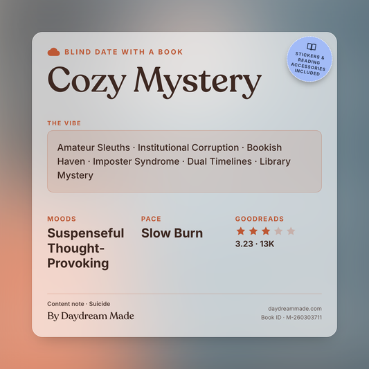 Blind Date With A Book that includes the following themes: Cozy Mystery, Amateur Sleuths, Institutional Corruption, Bookish Haven, Imposter Syndrome, Dual Timelines, Library Mystery