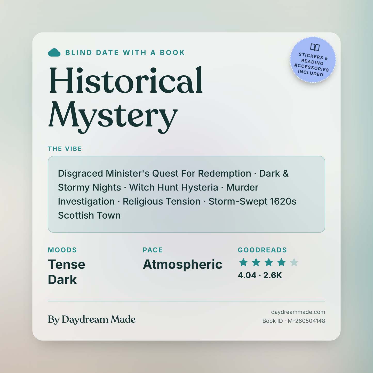 Blind Date With A Book that includes the following themes: Historical Mystery, Disgraced Minister's Quest For Redemption, Dark & Stormy Nights, Witch Hunt Hysteria, Murder Investigation, Religious Tension, Storm-Swept 1620s Scottish Town