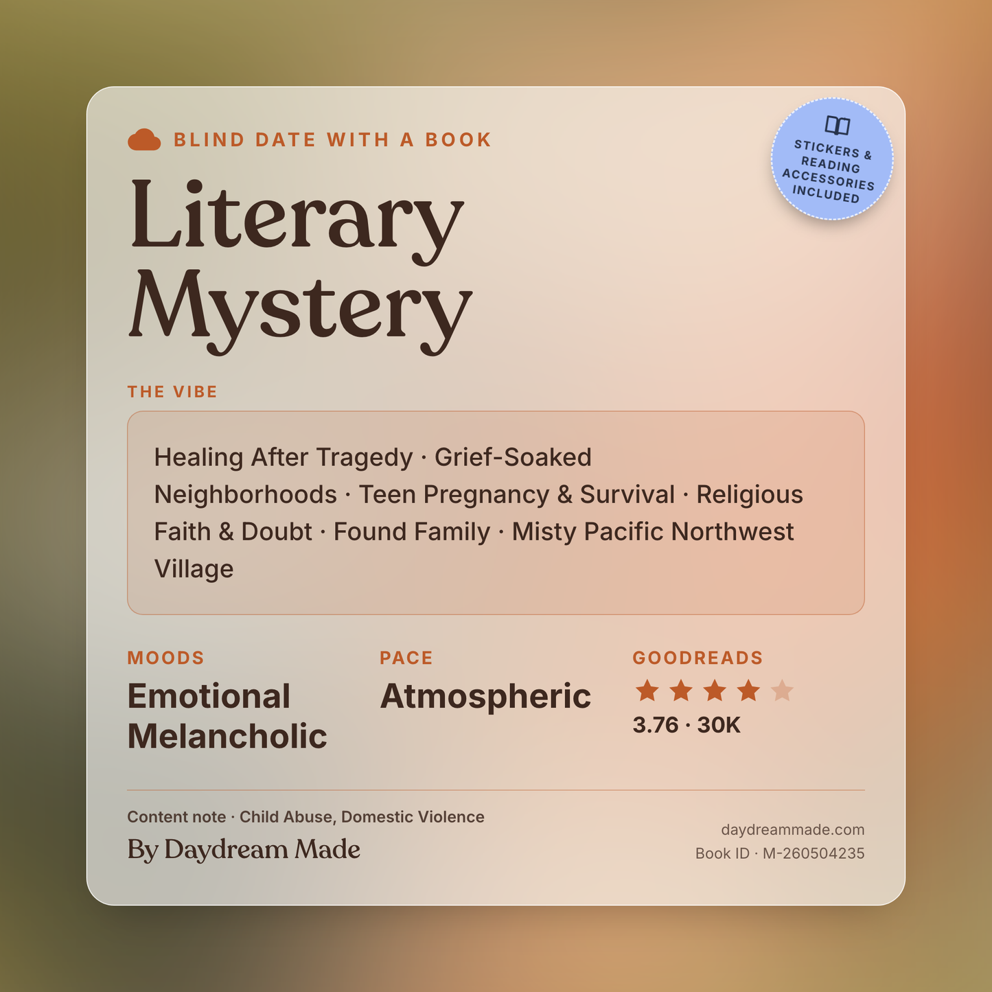 Blind Date With A Book that includes the following themes: Literary Mystery, Healing After Tragedy, Grief-Soaked Neighborhoods, Teen Pregnancy & Survival, Religious Faith & Doubt, Found Family, Misty Pacific Northwest Village