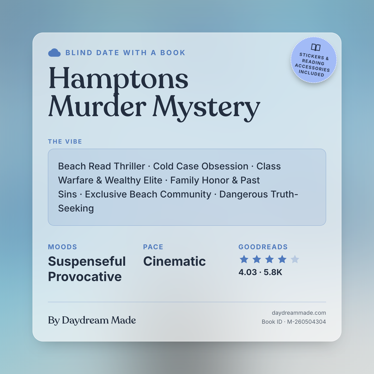 Blind Date With A Book that includes the following themes: Hamptons Murder Mystery, Beach Read Thriller, Cold Case Obsession, Class Warfare & Wealthy Elite, Family Honor & Past Sins, Exclusive Beach Community, Dangerous Truth-Seeking
