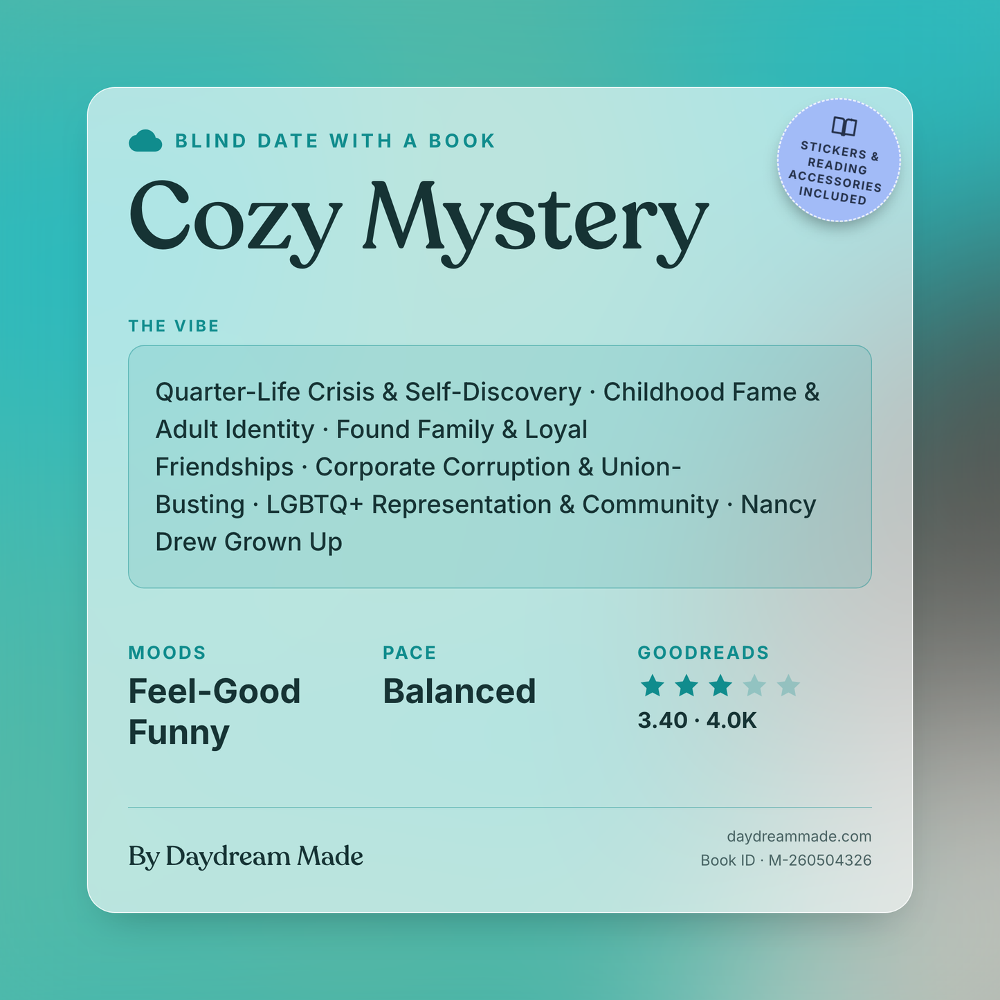 Blind Date With A Book that includes the following themes: Cozy Mystery, Quarter-Life Crisis & Self-Discovery, Childhood Fame & Adult Identity, Found Family & Loyal Friendships, Corporate Corruption & Union-Busting, LGBTQ+ Representation & Community, Nancy Drew Grown Up