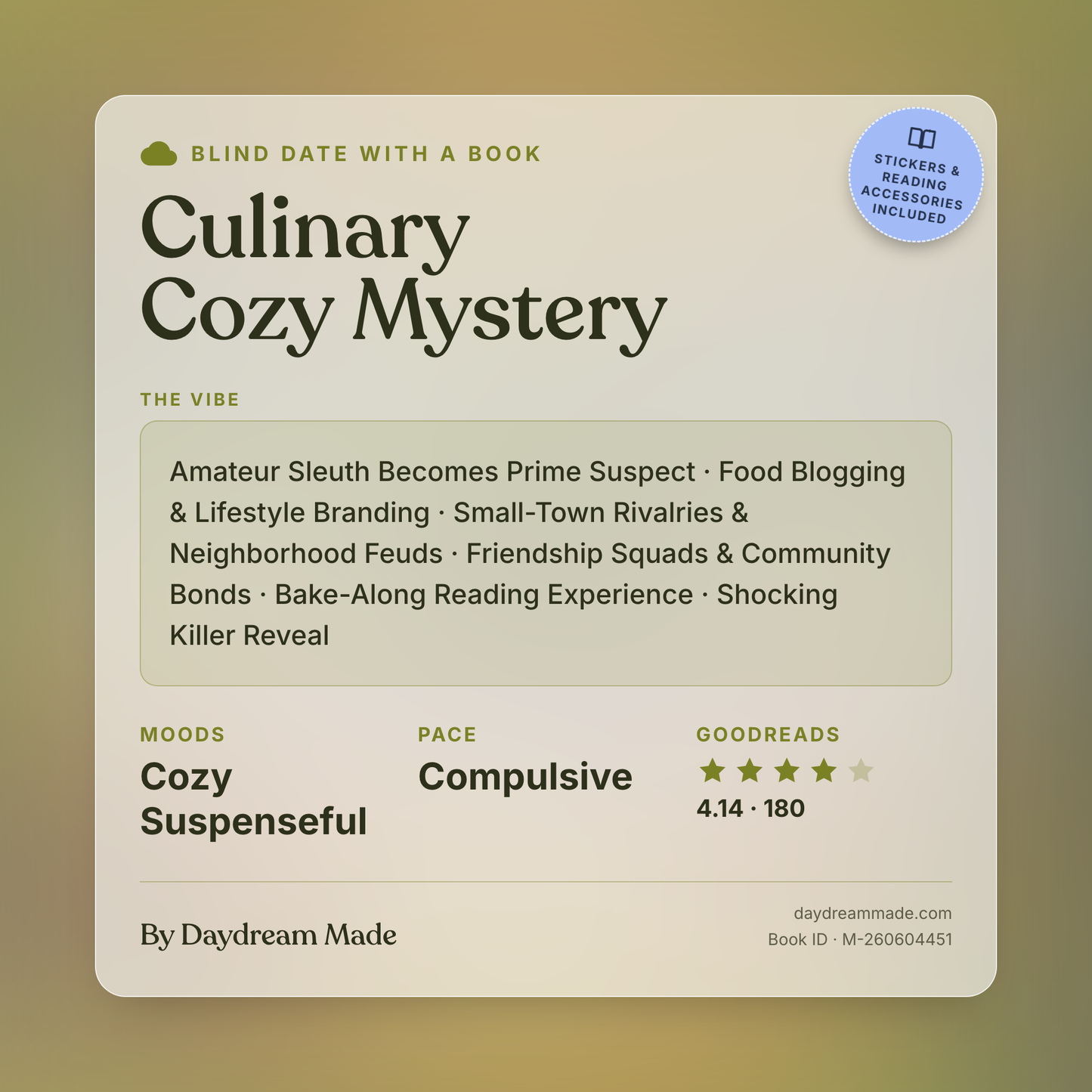 Blind Date With A Book that includes the following themes: Culinary Cozy Mystery, Amateur Sleuth Becomes Prime Suspect, Food Blogging & Lifestyle Branding, Small-Town Rivalries & Neighborhood Feuds, Friendship Squads & Community Bonds, Bake-Along Reading Experience, Shocking Killer Reveal
