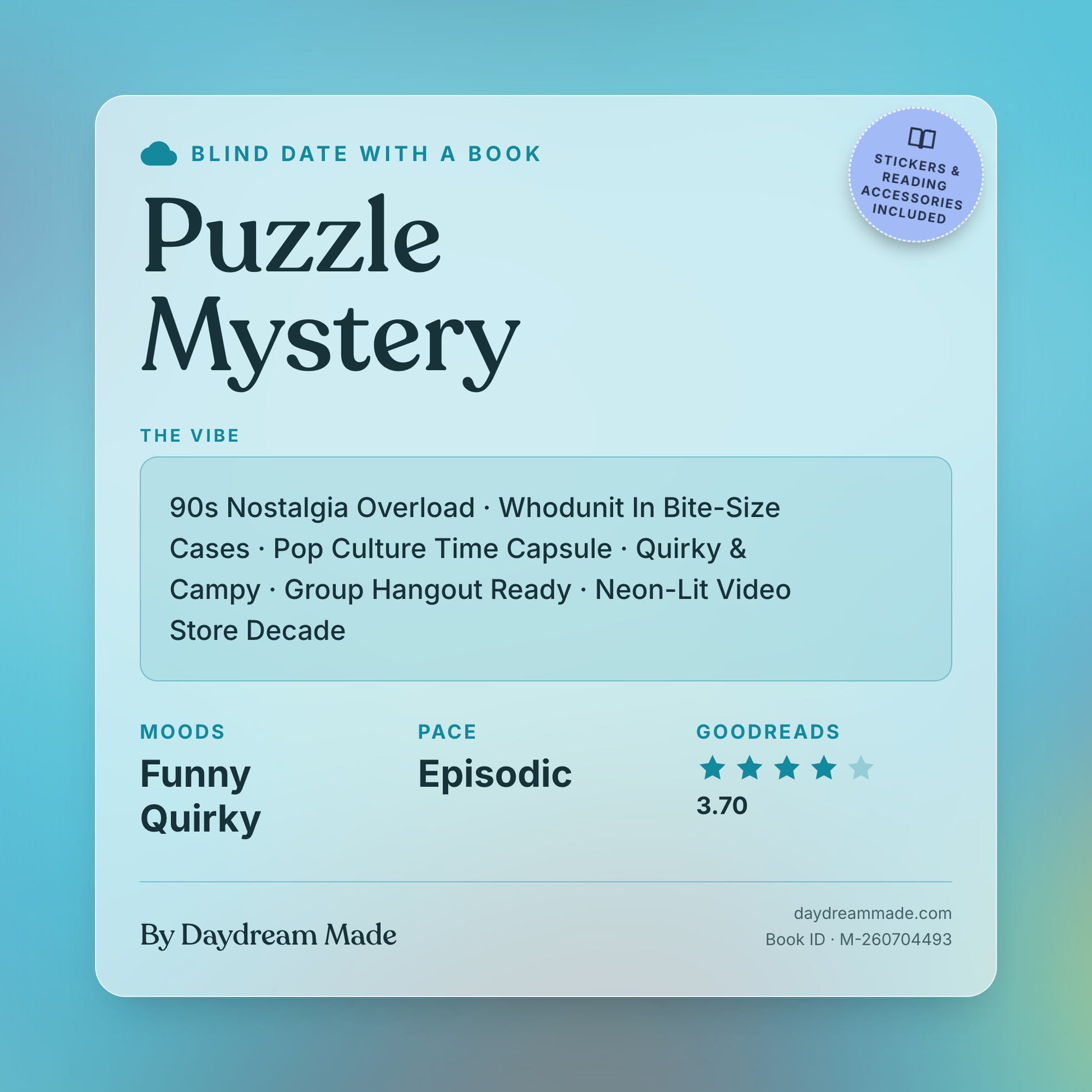 Blind Date With A Book that includes the following themes: Puzzle Mystery, 90s Nostalgia Overload, Whodunit In Bite-Size Cases, Pop Culture Time Capsule, Quirky & Campy, Group Hangout Ready, Neon-Lit Video Store Decade