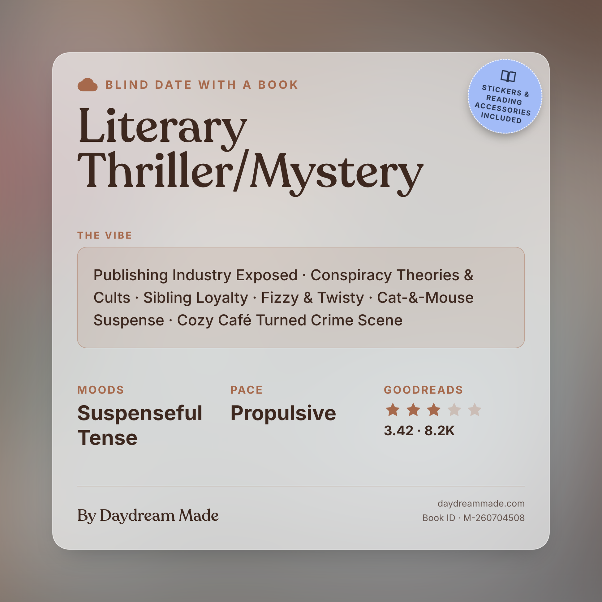 Blind Date With A Book that includes the following themes: Literary Thriller/Mystery, Publishing Industry Exposed, Conspiracy Theories & Cults, Sibling Loyalty, Fizzy & Twisty, Cat-&-Mouse Suspense, Cozy Café Turned Crime Scene