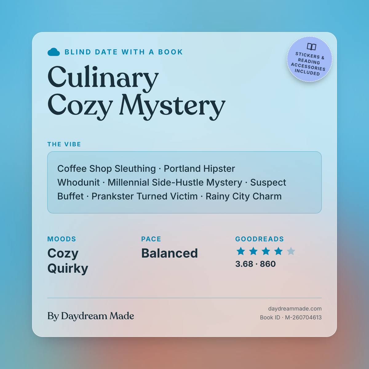 Blind Date With A Book that includes the following themes: Culinary Cozy Mystery, Coffee Shop Sleuthing, Portland Hipster Whodunit, Millennial Side-Hustle Mystery, Suspect Buffet, Prankster Turned Victim, Rainy City Charm
