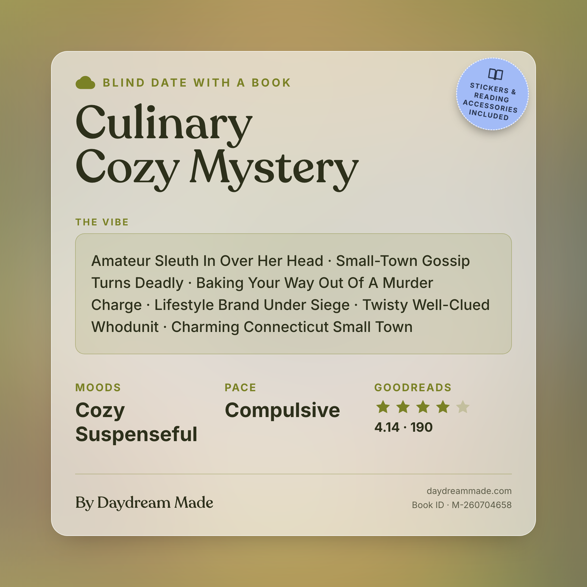 Blind Date With A Book that includes the following themes: Culinary Cozy Mystery, Amateur Sleuth In Over Her Head, Small-Town Gossip Turns Deadly, Baking Your Way Out Of A Murder Charge, Lifestyle Brand Under Siege, Twisty Well-Clued Whodunit, Charming Connecticut Small Town