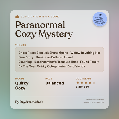 Blind Date With A Book that includes the following themes: Paranormal Cozy Mystery, Ghost Pirate Sidekick Shenanigans, Widow Rewriting Her Own Story, Hurricane-Battered Island Sleuthing, Beachcomber's Treasure Hunt, Found Family By The Sea, Quirky Octogenarian Best Friends