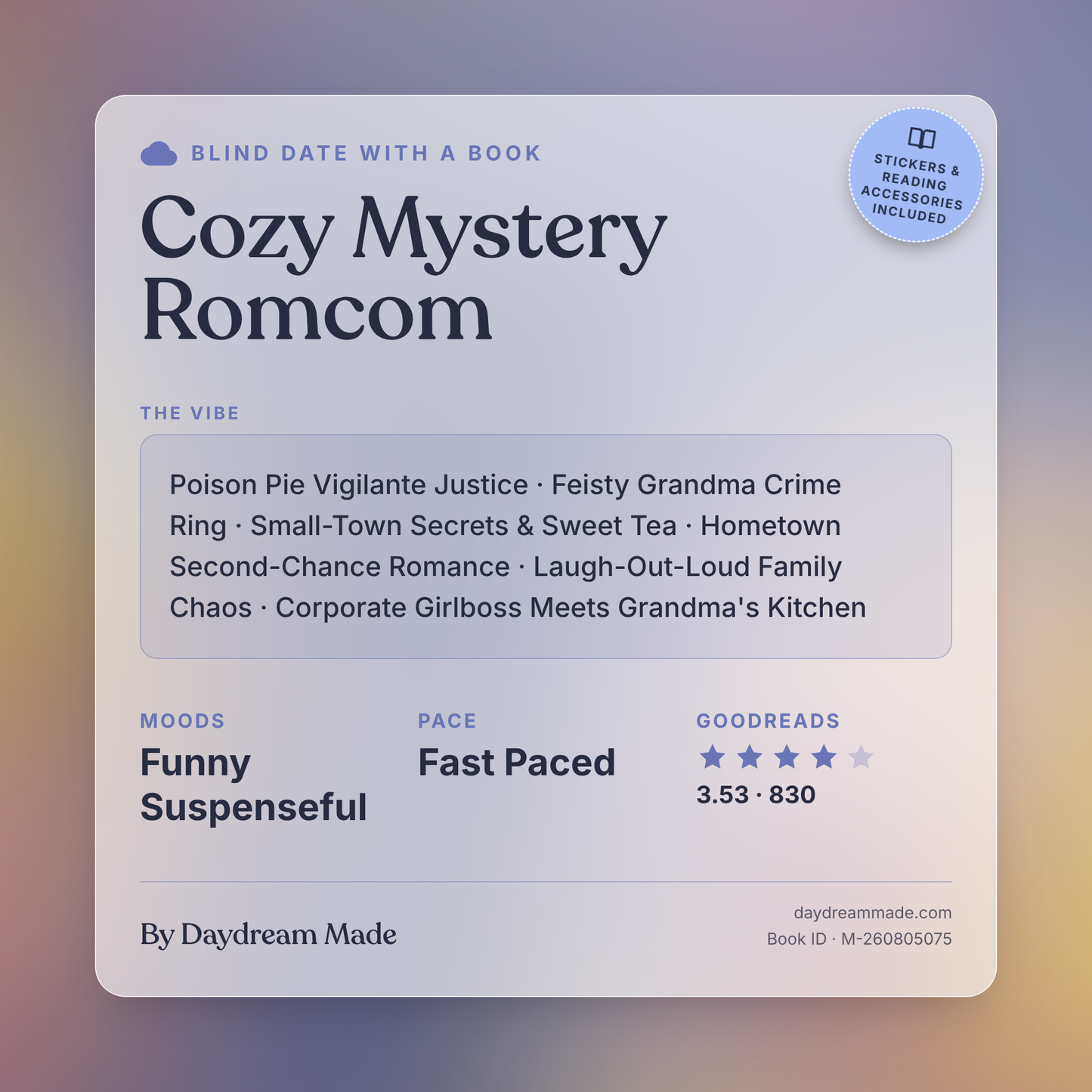 Blind Date With A Book that includes the following themes: Cozy Mystery Romcom, Poison Pie Vigilante Justice, Feisty Grandma Crime Ring, Small-Town Secrets & Sweet Tea, Hometown Second-Chance Romance, Laugh-Out-Loud Family Chaos, Corporate Girlboss Meets Grandma's Kitchen