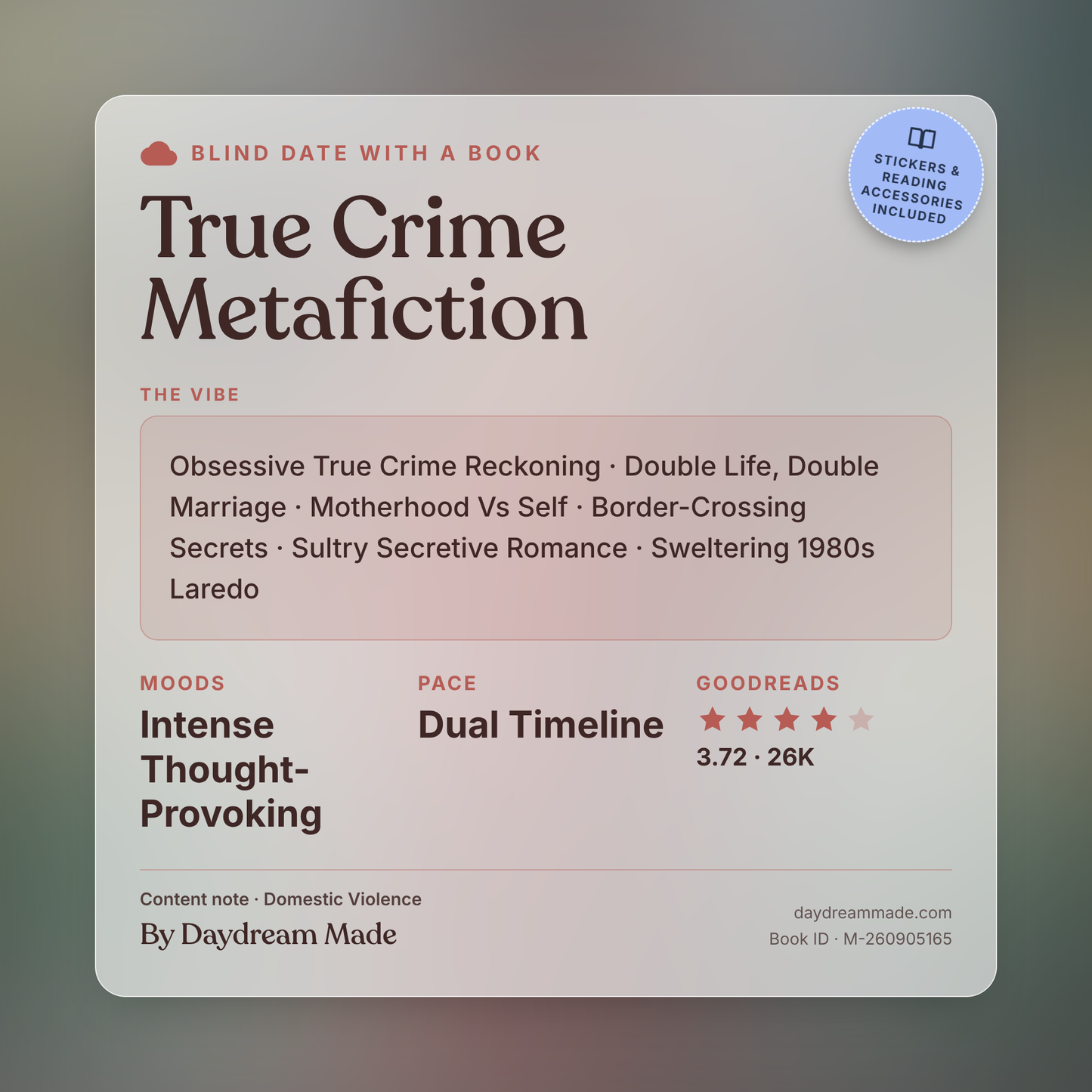 Blind Date With A Book that includes the following themes: True Crime Metafiction, Obsessive True Crime Reckoning, Double Life, Double Marriage, Motherhood Vs Self, Border-Crossing Secrets, Sultry Secretive Romance, Sweltering 1980s Laredo