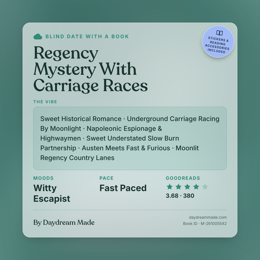 Blind Date With A Book that includes the following themes: Regency Mystery With Carriage Races, Sweet Historical Romance, Underground Carriage Racing By Moonlight, Napoleonic Espionage & Highwaymen, Sweet Understated Slow Burn Partnership, Austen Meets Fast & Furious, Moonlit Regency Country Lanes