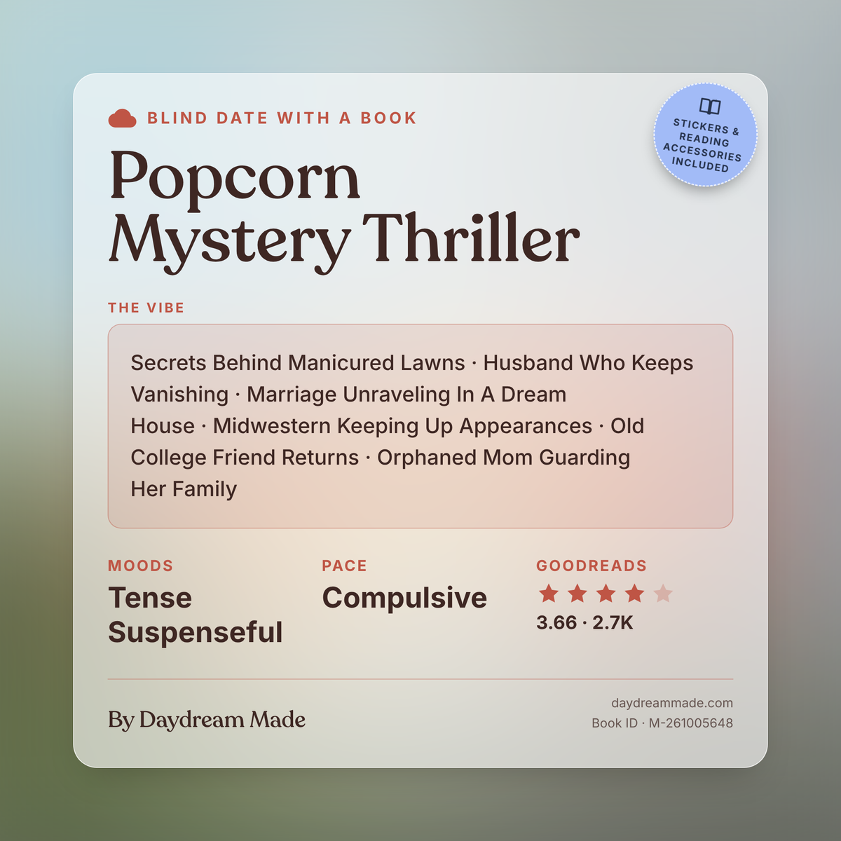 Blind Date With A Book that includes the following themes: Popcorn Mystery Thriller, Secrets Behind Manicured Lawns, Husband Who Keeps Vanishing, Marriage Unraveling In A Dream House, Midwestern Keeping Up Appearances, Old College Friend Returns, Orphaned Mom Guarding Her Family