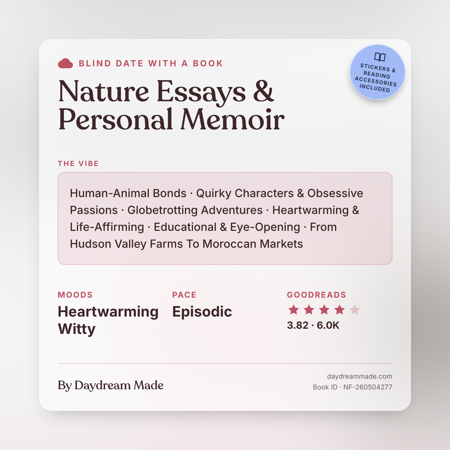 Blind Date With A Book that includes the following themes: Nature Essays & Personal Memoir, Human-Animal Bonds, Quirky Characters & Obsessive Passions, Globetrotting Adventures, Heartwarming & Life-Affirming, Educational & Eye-Opening, From Hudson Valley Farms To Moroccan Markets