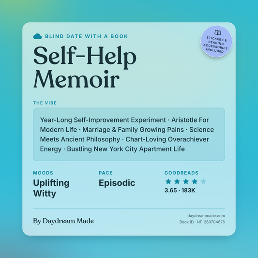 Blind Date With A Book that includes the following themes: Self-Help Memoir, Year-Long Self-Improvement Experiment, Aristotle For Modern Life, Marriage & Family Growing Pains, Science Meets Ancient Philosophy, Chart-Loving Overachiever Energy, Bustling New York City Apartment Life