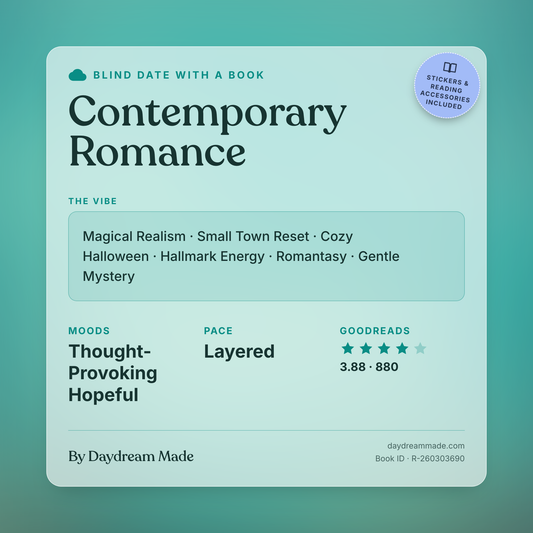 Blind Date With A Book that includes the following themes: Contemporary Romance, Magical Realism, Small Town Reset, Cozy Halloween, Hallmark Energy, Romantasy, Gentle Mystery