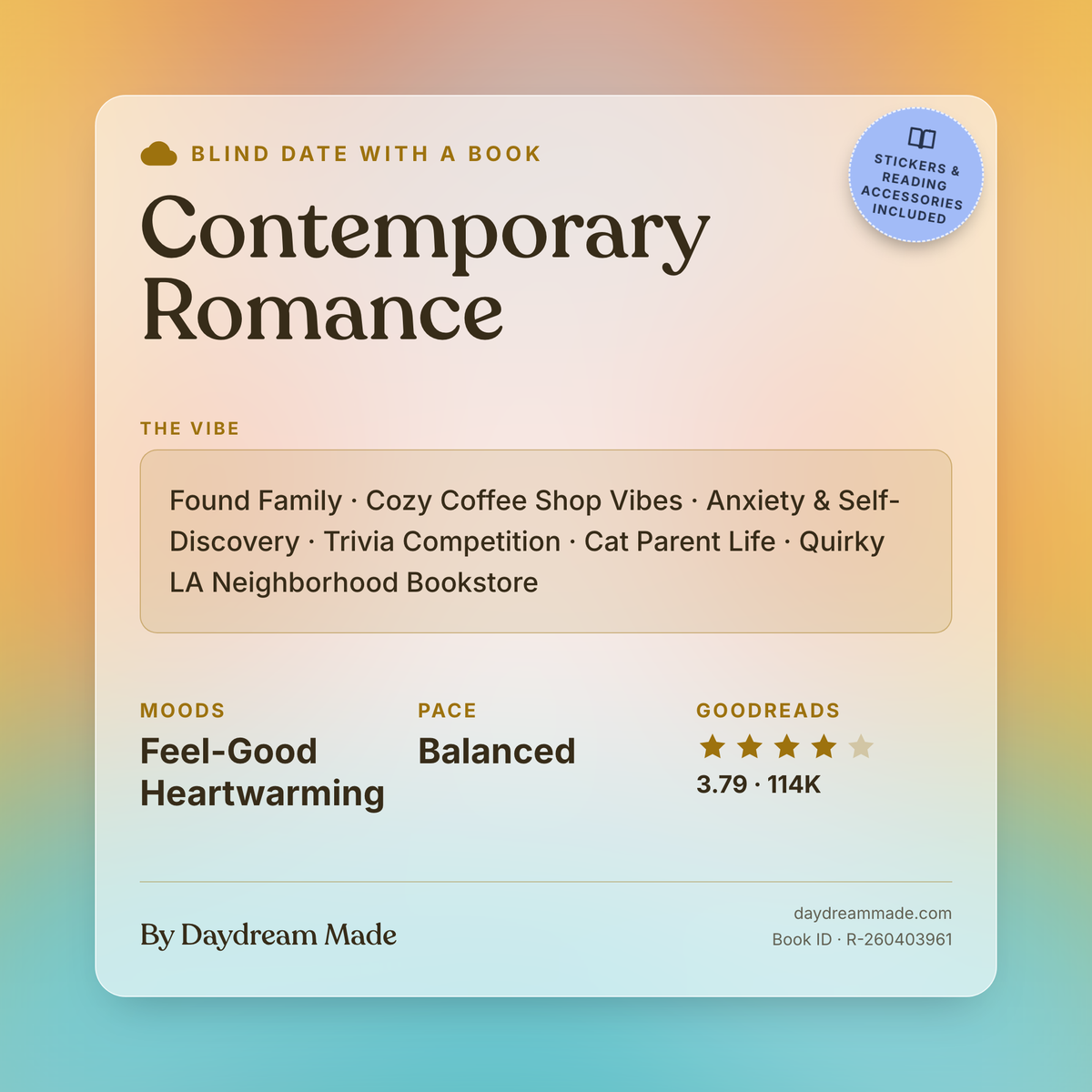 Blind Date With A Book that includes the following themes: Contemporary Romance, Found Family, Cozy Coffee Shop Vibes, Anxiety & Self-Discovery, Trivia Competition, Cat Parent Life, Quirky LA Neighborhood Bookstore