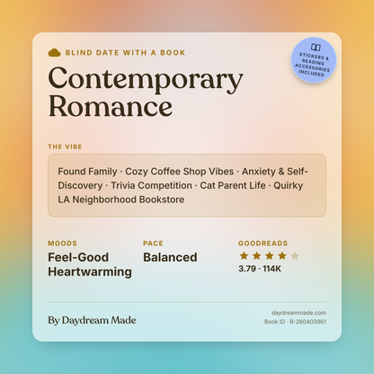Blind Date With A Book that includes the following themes: Contemporary Romance, Found Family, Cozy Coffee Shop Vibes, Anxiety & Self-Discovery, Trivia Competition, Cat Parent Life, Quirky LA Neighborhood Bookstore