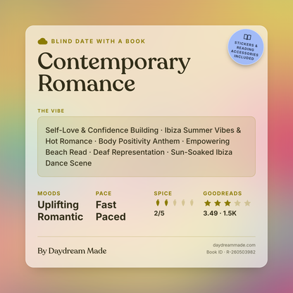 Blind Date With A Book that includes the following themes: Contemporary Romance, Self-Love & Confidence Building, Ibiza Summer Vibes & Hot Romance, Body Positivity Anthem, Empowering Beach Read, Deaf Representation, Sun-Soaked Ibiza Dance Scene