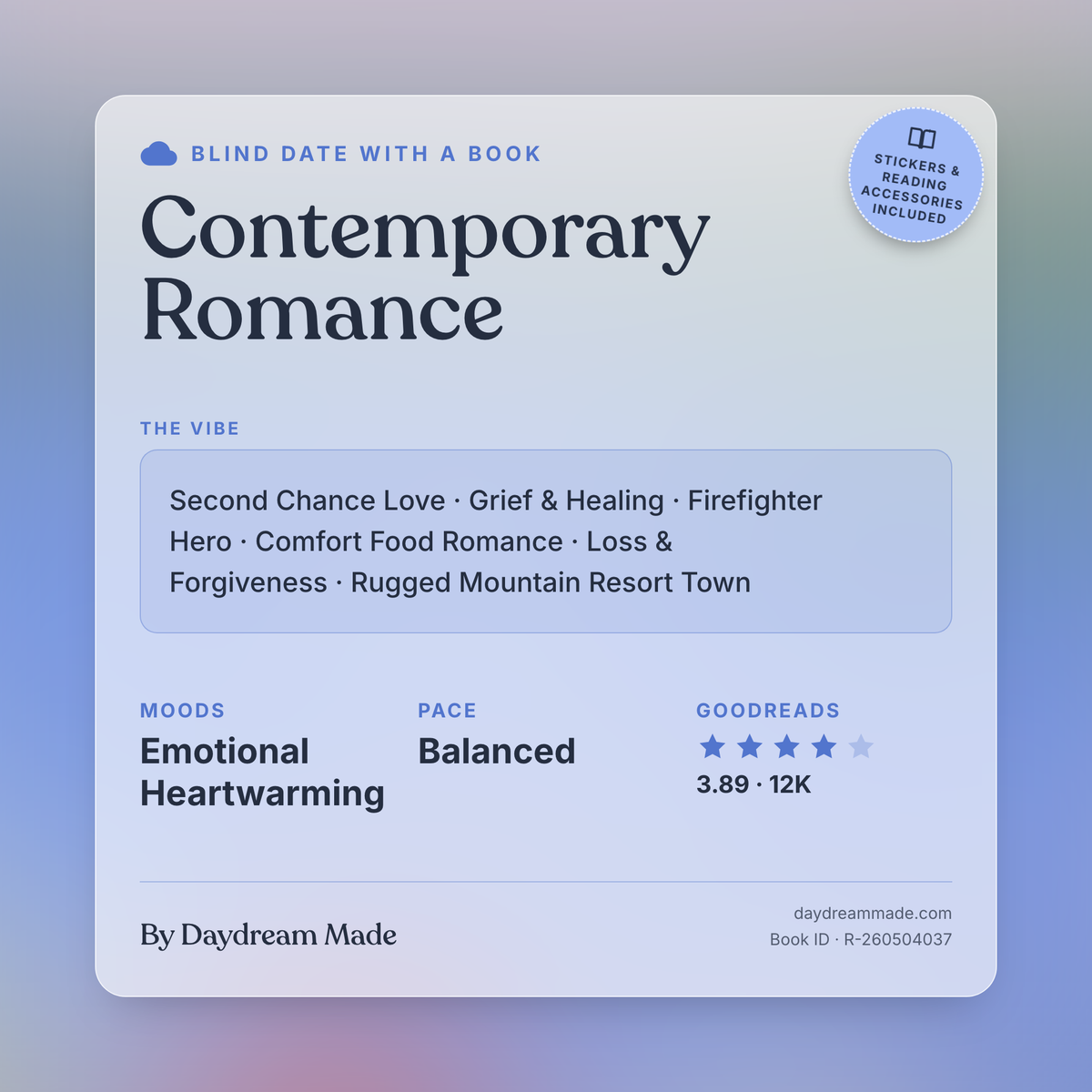 Blind Date With A Book that includes the following themes: Contemporary Romance, Second Chance Love, Grief & Healing, Firefighter Hero, Comfort Food Romance, Loss & Forgiveness, Rugged Mountain Resort Town