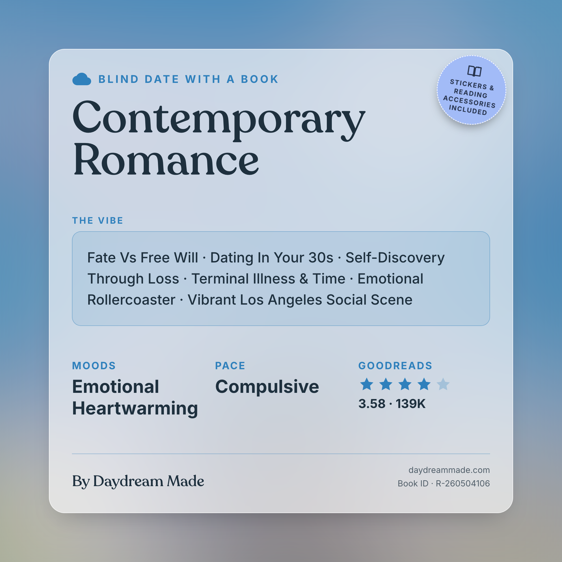 Blind Date With A Book that includes the following themes: Contemporary Romance, Fate Vs Free Will, Dating In Your 30s, Self-Discovery Through Loss, Terminal Illness & Time, Emotional Rollercoaster, Vibrant Los Angeles Social Scene
