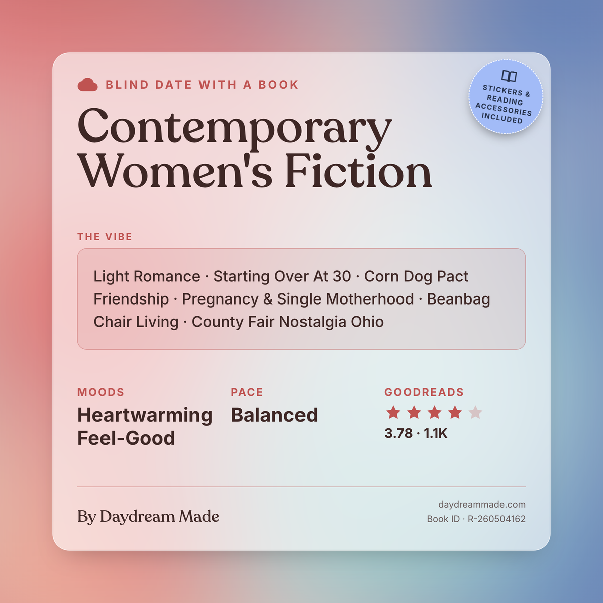 Blind Date With A Book that includes the following themes: Contemporary Women's Fiction, Light Romance, Starting Over At 30, Corn Dog Pact Friendship, Pregnancy & Single Motherhood, Beanbag Chair Living, County Fair Nostalgia Ohio