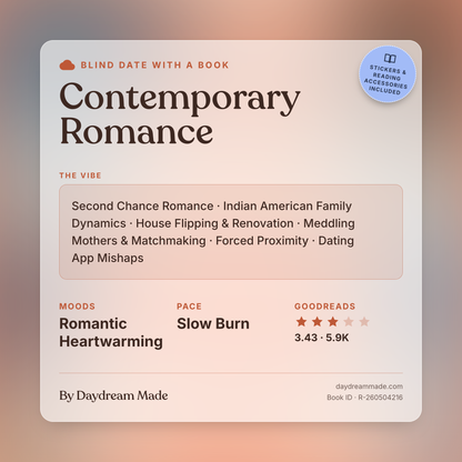 Blind Date With A Book that includes the following themes: Contemporary Romance, Second Chance Romance, Indian American Family Dynamics, House Flipping & Renovation, Meddling Mothers & Matchmaking, Forced Proximity, Dating App Mishaps