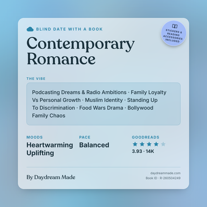 Blind Date With A Book that includes the following themes: Contemporary Romance, Podcasting Dreams & Radio Ambitions, Family Loyalty Vs Personal Growth, Muslim Identity, Standing Up To Discrimination, Food Wars Drama, Bollywood Family Chaos