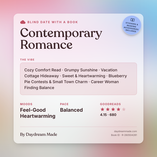 Blind Date With A Book that includes the following themes: Contemporary Romance, Cozy Comfort Read, Grumpy Sunshine, Vacation Cottage Hideaway, Sweet & Heartwarming, Blueberry Pie Contests & Small Town Charm, Career Woman Finding Balance