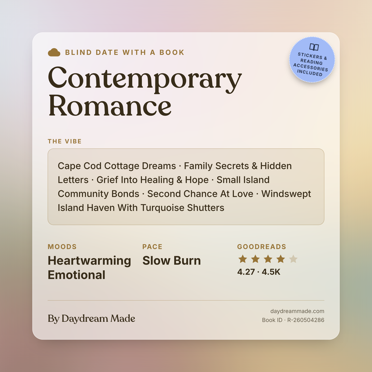 Blind Date With A Book that includes the following themes: Contemporary Romance, Cape Cod Cottage Dreams, Family Secrets & Hidden Letters, Grief Into Healing & Hope, Small Island Community Bonds, Second Chance At Love, Windswept Island Haven With Turquoise Shutters