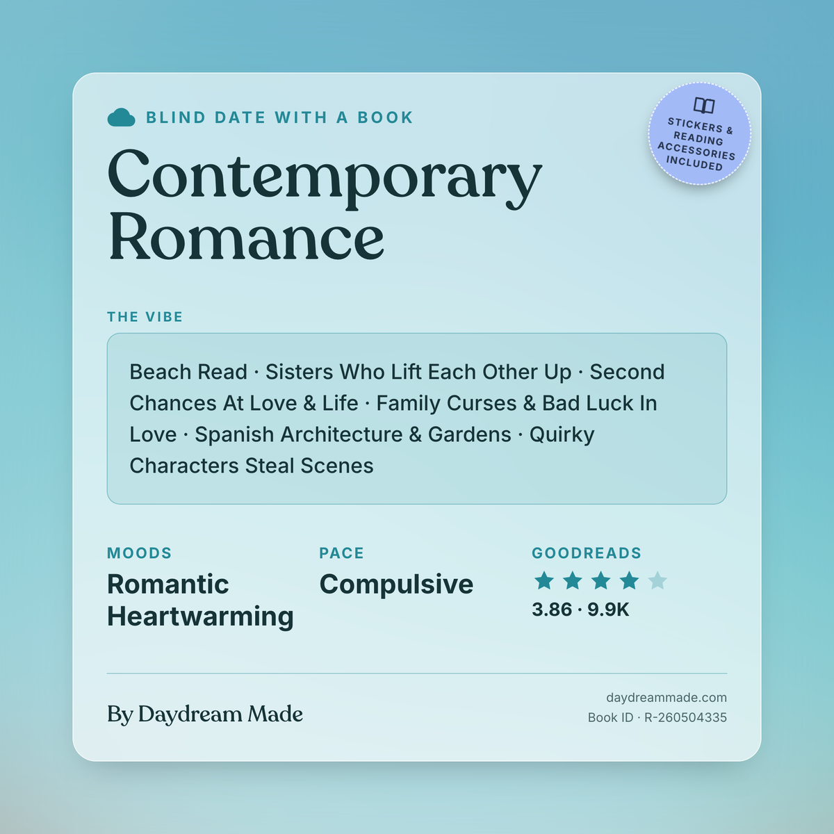 Blind Date With A Book that includes the following themes: Contemporary Romance, Beach Read, Sisters Who Lift Each Other Up, Second Chances At Love & Life, Family Curses & Bad Luck In Love, Spanish Architecture & Gardens, Quirky Characters Steal Scenes