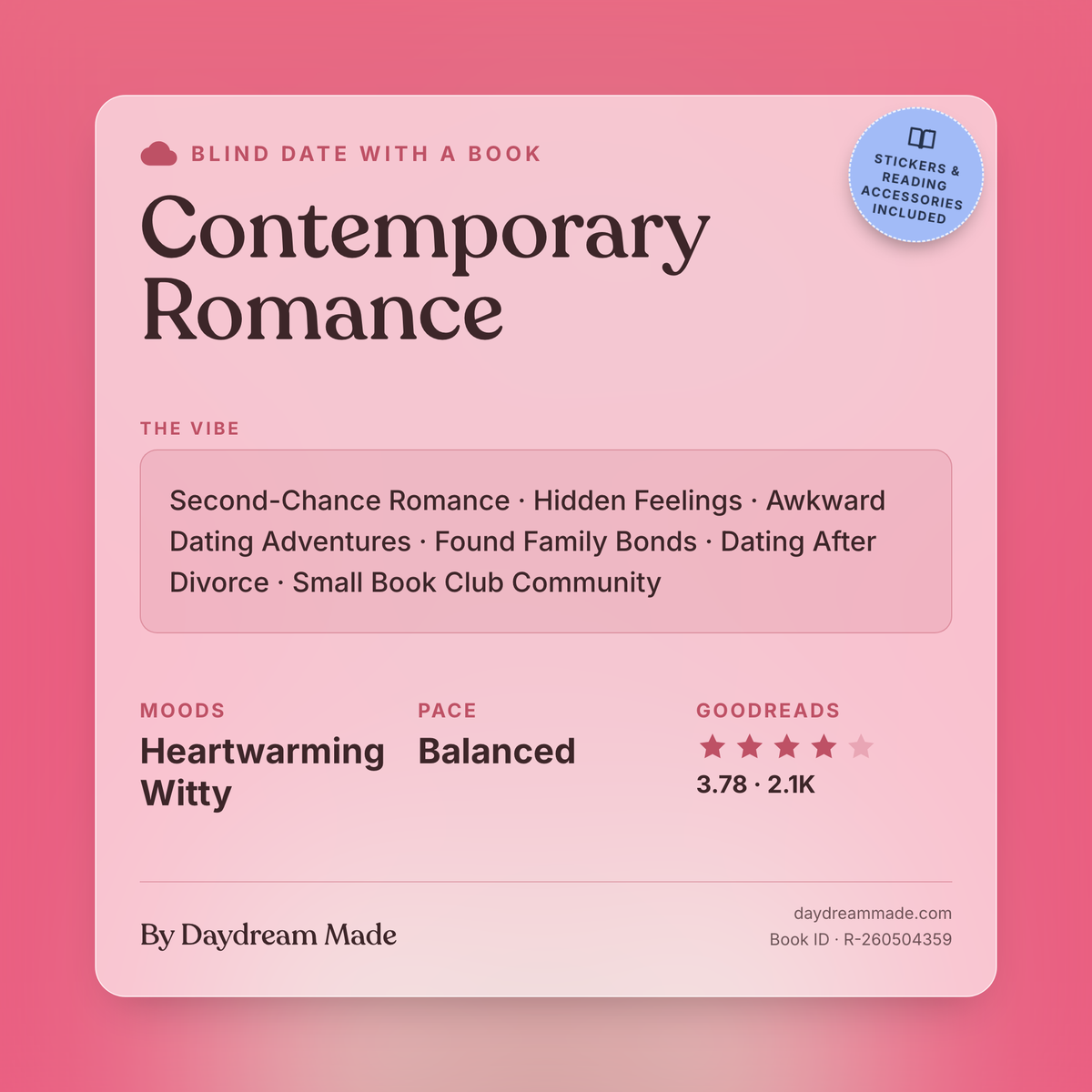 Blind Date With A Book that includes the following themes: Contemporary Romance, Second-Chance Romance, Hidden Feelings, Awkward Dating Adventures, Found Family Bonds, Dating After Divorce, Small Book Club Community