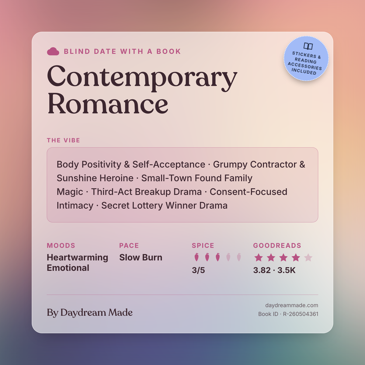 Blind Date With A Book that includes the following themes: Contemporary Romance, Body Positivity & Self-Acceptance, Grumpy Contractor & Sunshine Heroine, Small-Town Found Family Magic, Third-Act Breakup Drama, Consent-Focused Intimacy, Secret Lottery Winner Drama