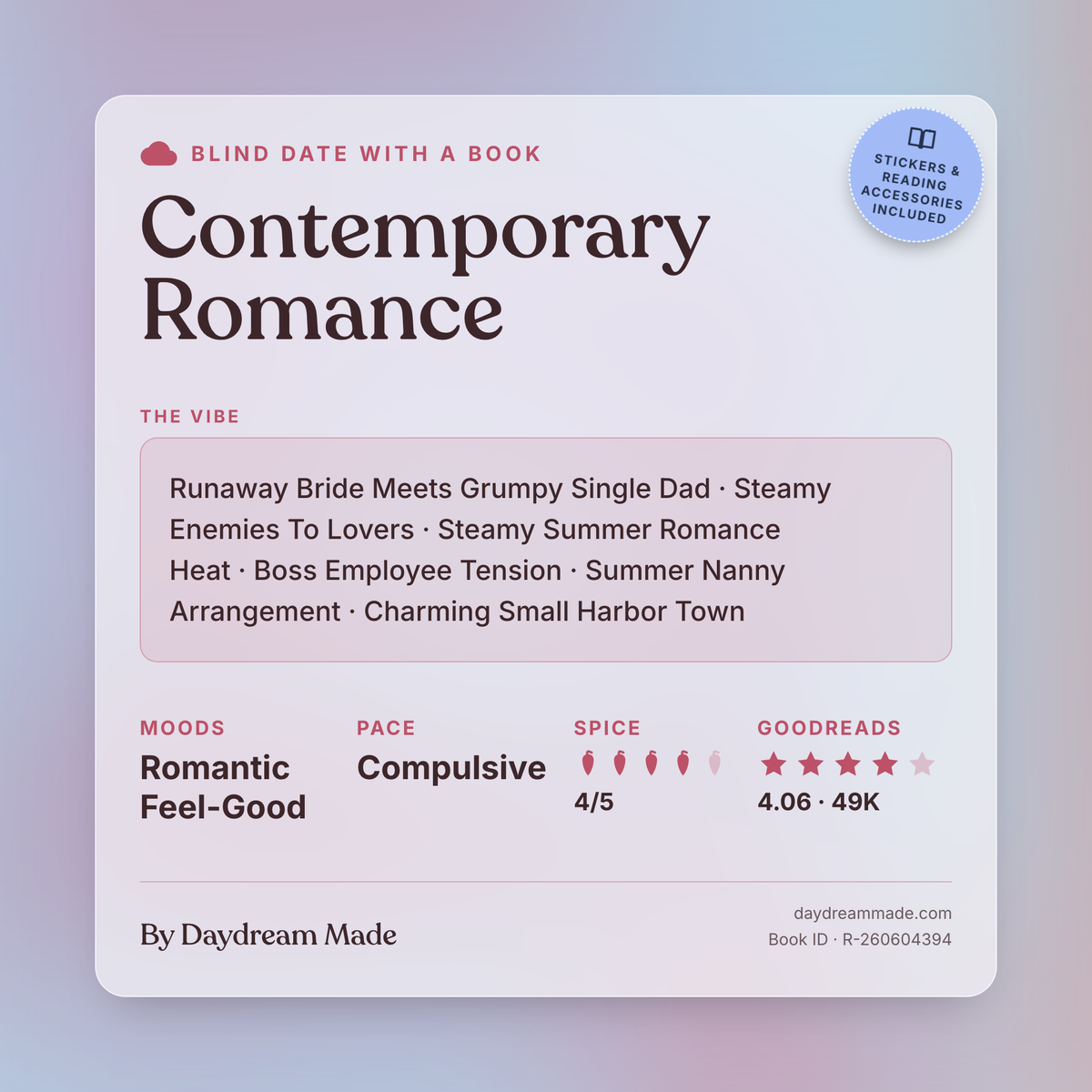 Blind Date With A Book that includes the following themes: Contemporary Romance, Runaway Bride Meets Grumpy Single Dad, Steamy Enemies To Lovers, Steamy Summer Romance Heat, Boss Employee Tension, Summer Nanny Arrangement, Charming Small Harbor Town