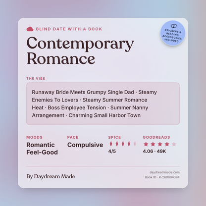 Blind Date With A Book that includes the following themes: Contemporary Romance, Runaway Bride Meets Grumpy Single Dad, Steamy Enemies To Lovers, Steamy Summer Romance Heat, Boss Employee Tension, Summer Nanny Arrangement, Charming Small Harbor Town
