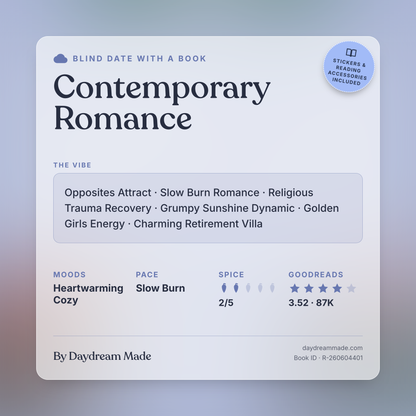 Blind Date With A Book that includes the following themes: Contemporary Romance, Opposites Attract, Slow Burn Romance, Religious Trauma Recovery, Grumpy Sunshine Dynamic, Golden Girls Energy, Charming Retirement Villa