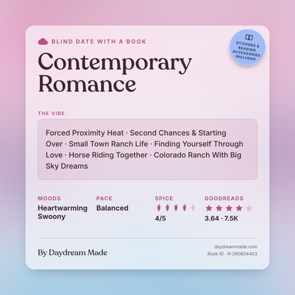 Blind Date With A Book that includes the following themes: Contemporary Romance, Forced Proximity Heat, Second Chances & Starting Over, Small Town Ranch Life, Finding Yourself Through Love, Horse Riding Together, Colorado Ranch With Big Sky Dreams