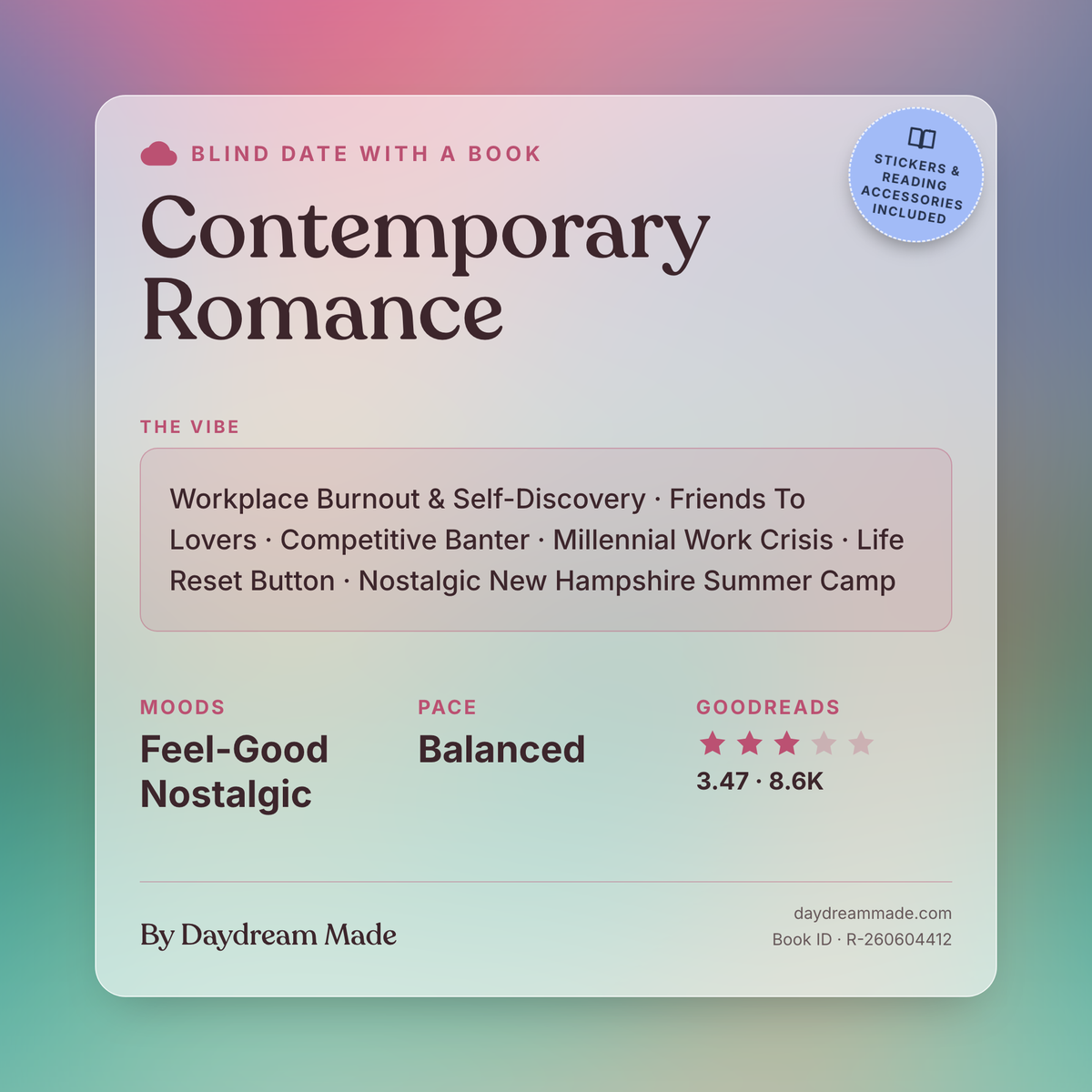 Blind Date With A Book that includes the following themes: Contemporary Romance, Workplace Burnout & Self-Discovery, Friends To Lovers, Competitive Banter, Millennial Work Crisis, Life Reset Button, Nostalgic New Hampshire Summer Camp