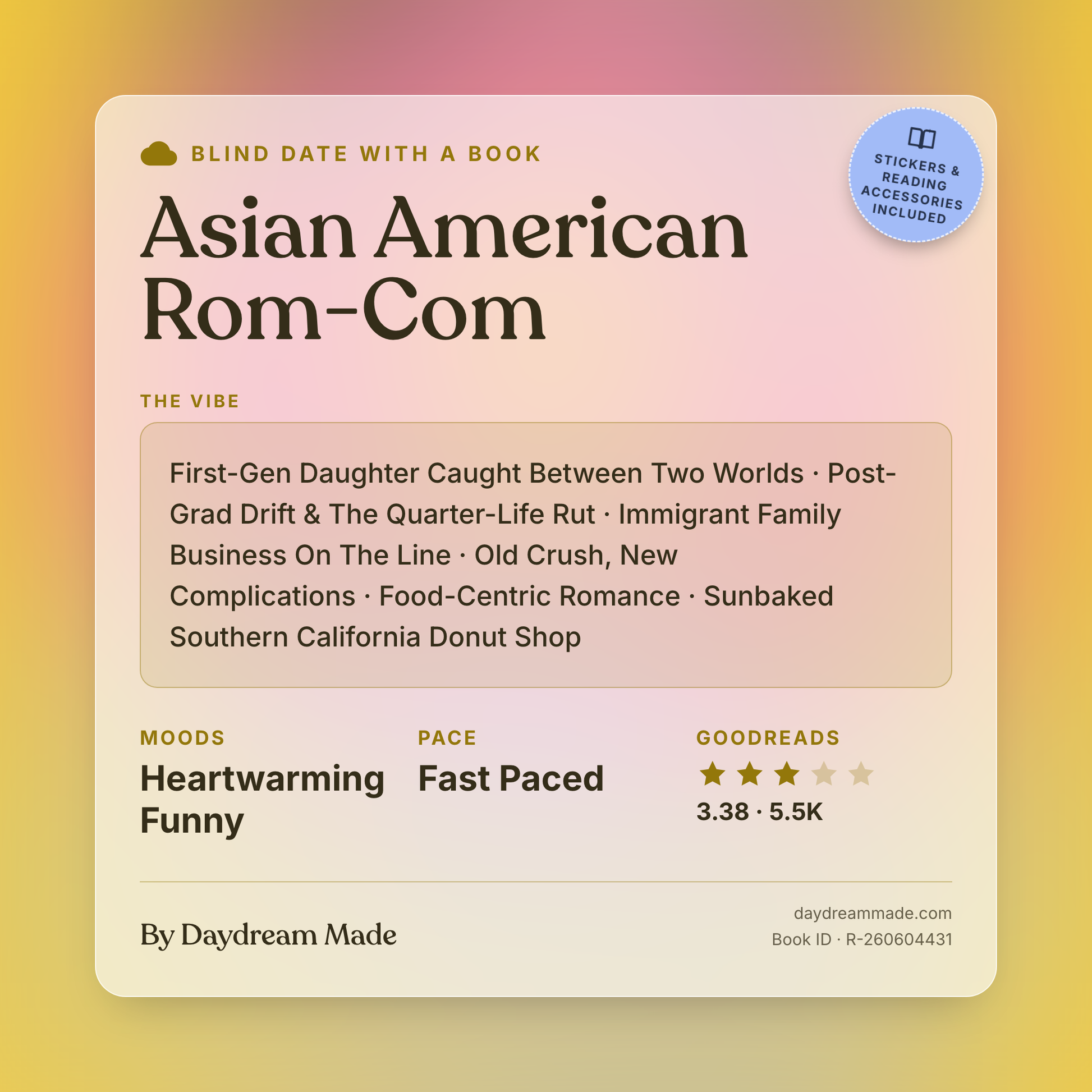 Blind Date With A Book that includes the following themes: Asian American Rom-Com, First-Gen Daughter Caught Between Two Worlds, Post-Grad Drift & The Quarter-Life Rut, Immigrant Family Business On The Line, Old Crush, New Complications, Food-Centric Romance, Sunbaked Southern California Donut Shop